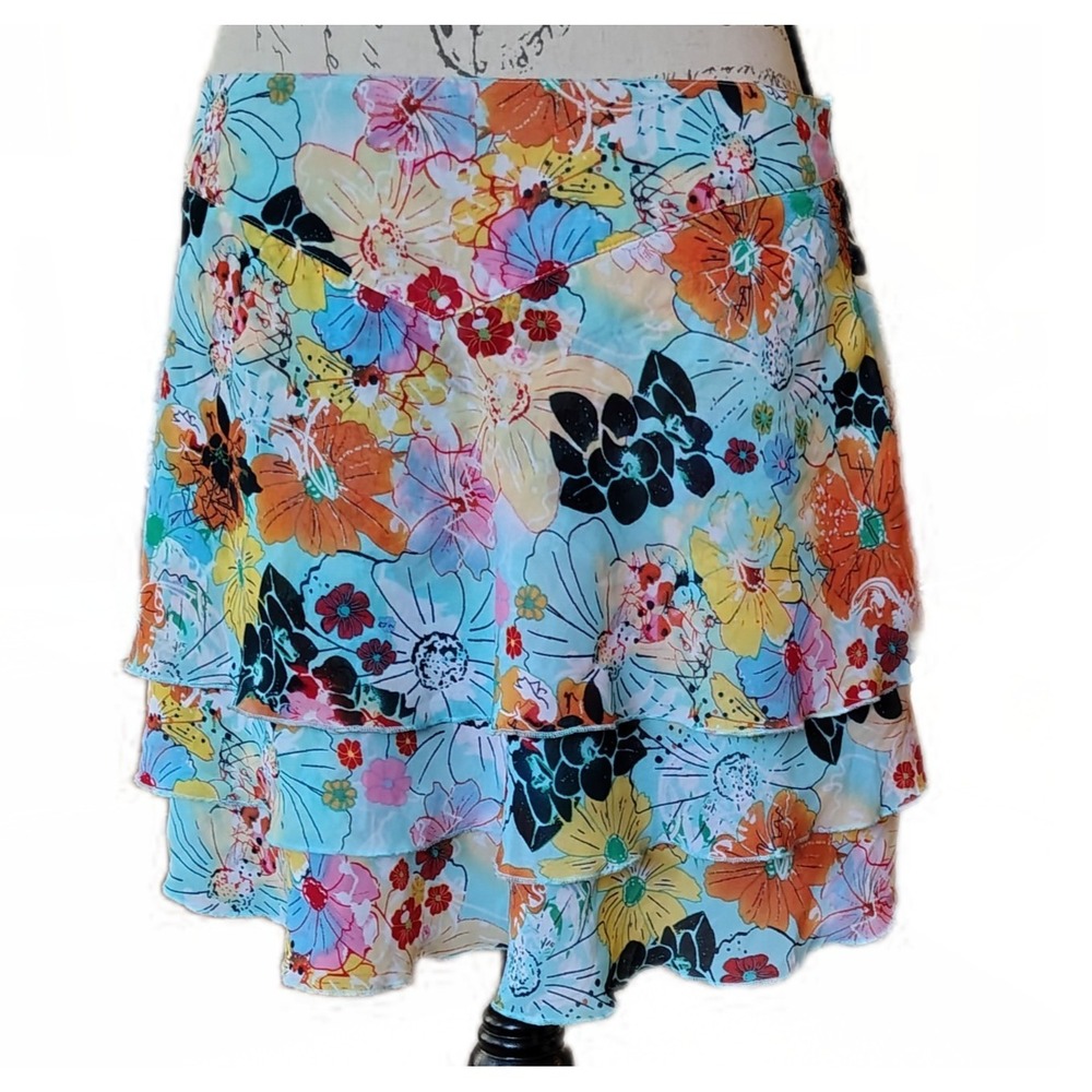 Thalia Sodi Blue Floral Ruffle Tiered Skirt Mini 9/10 Multicolor Coastal Cowgirl